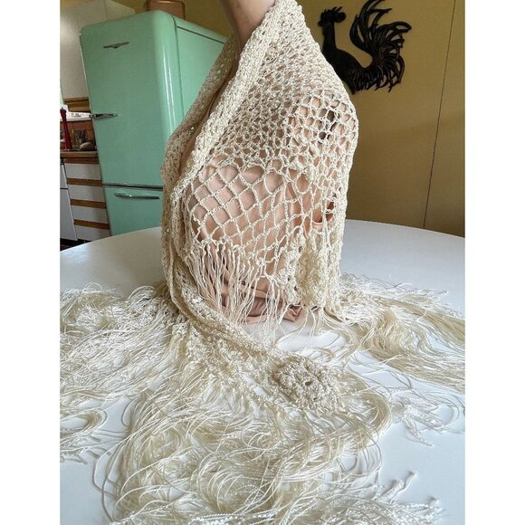 Vintage 80s silky crochet shawl, oversize fringed boho wrap - Picture 2 of 9